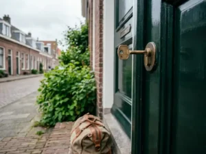 Messing huissleutel in het slot van een vers geschilderde voordeur, reistas op de drempel van een Nederlandse rijtjeswoning.
