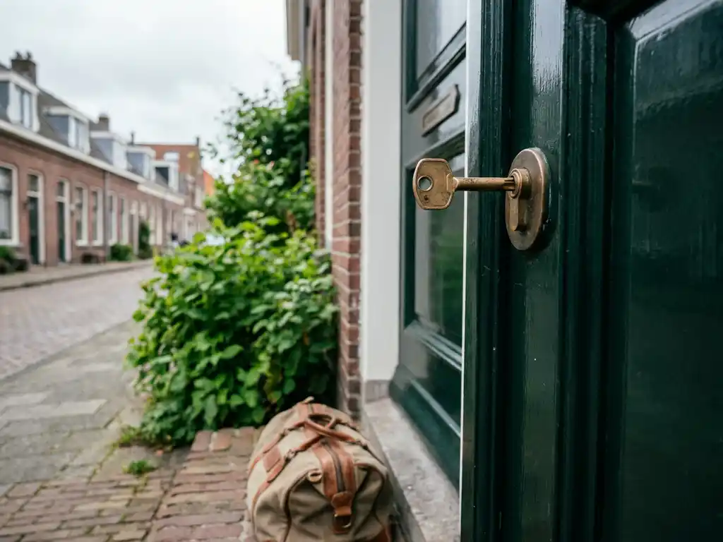 Messing huissleutel in het slot van een vers geschilderde voordeur, reistas op de drempel van een Nederlandse rijtjeswoning.