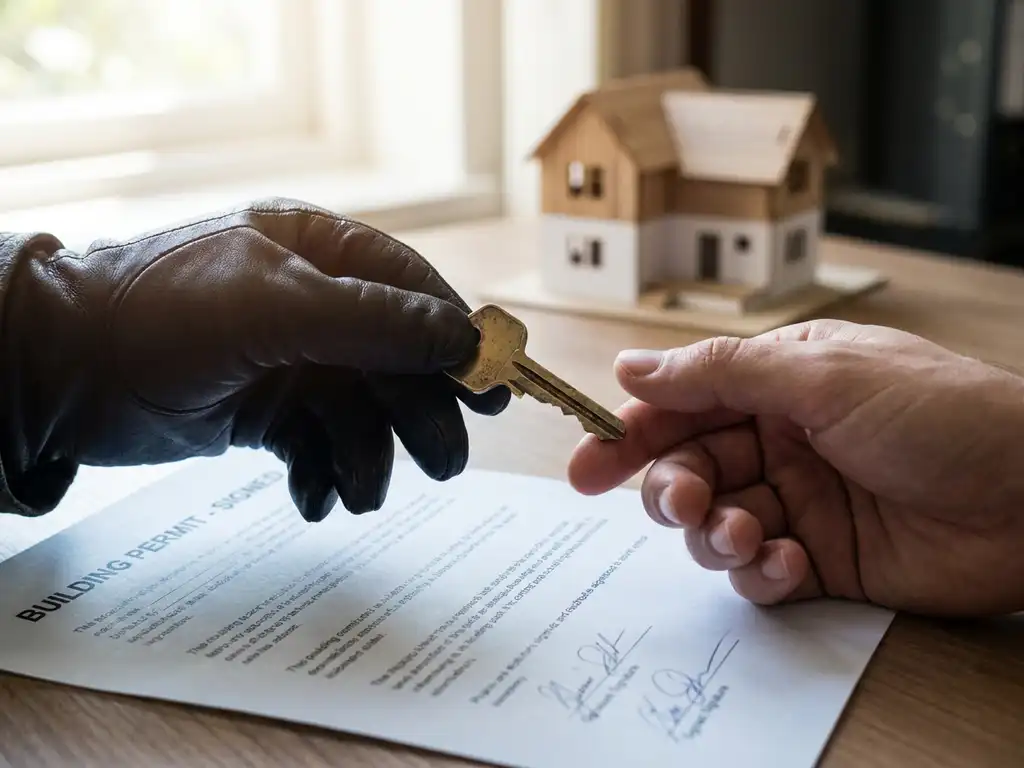 Gehandschoende hand die een huissleutel overhandigt boven een getekend vergunningsdocument, met een miniatuur woongebouw op de achtergrond.