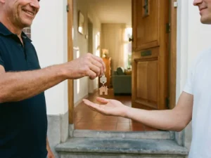 Verhuurder overhandigt huissleutel aan huurder bij ingang van gemeubileerde Nederlandse rijtjeswoning in warm middaglicht.