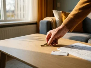 Hand die een huissleutel op een houten tafel legt naast een huurovereenkomst en SNF-certificeringskaart in een Nederlandse woning.