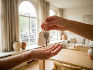 Verhuurder overhandigt huissleutel aan huurder in licht ingerichte Nederlandse woning met warme neutrale tinten.