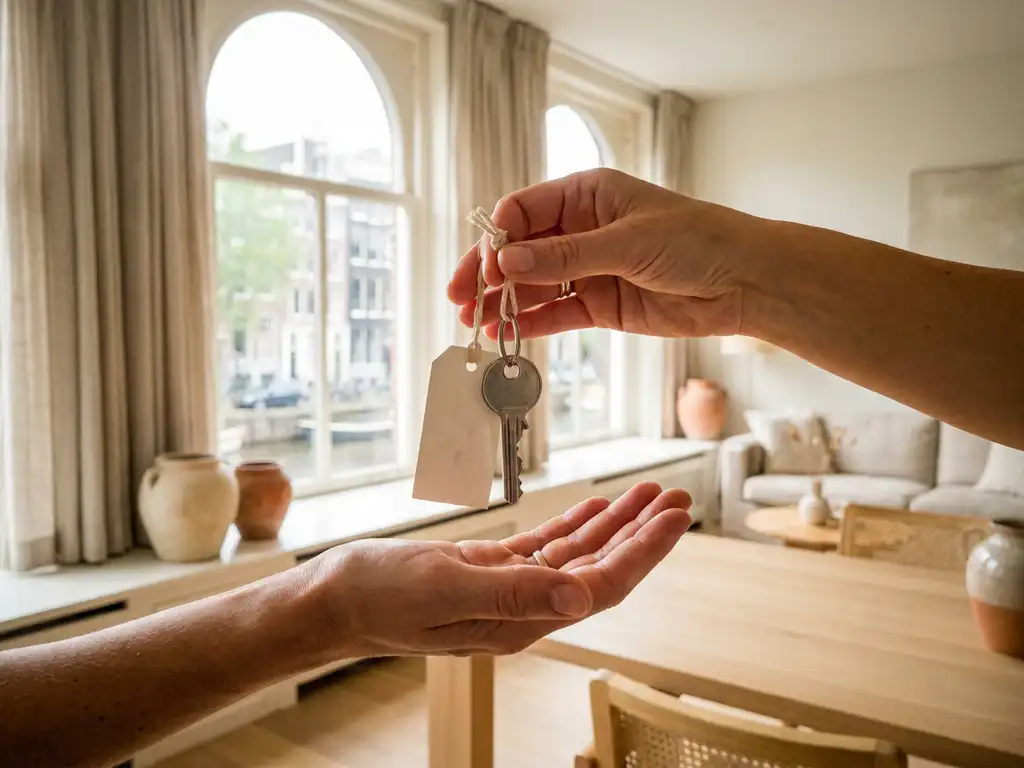 Verhuurder overhandigt huissleutel aan huurder in licht ingerichte Nederlandse woning met warme neutrale tinten.