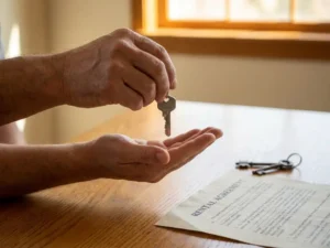 Verhuurder overhandigt huissleutel aan huurder boven eikenhouten bureau met huurovereenkomst, warm gouden licht.