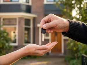 Verhuurder overhandigt huissleutel aan huurder bij ingang van Nederlandse bakstenen woning in middaglicht.