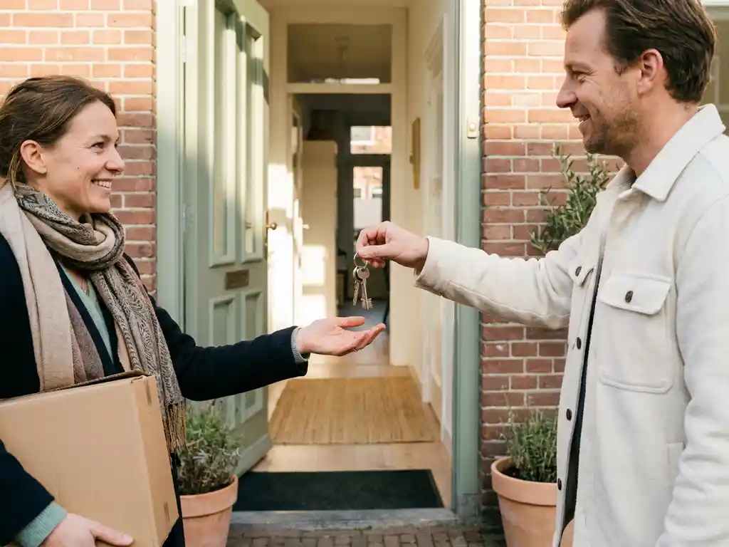 Verhuurder overhandigt sleutelring aan nieuwe huurder bij voordeur van verzorgd gemeubileerd Nederlands rijtjeshuis in middagzon.