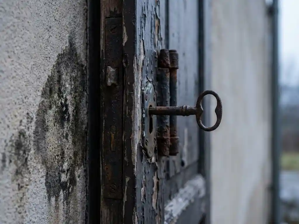 Verroeste sleutel in een verweerde houten deurpost met afbladderende verf en vochtvlek op de muur.