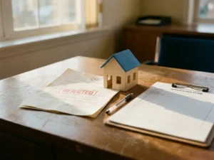 Afgewezen huurcontract op houten bureau naast miniatuurhuis, pen en leeg formulier in warm natuurlijk licht.