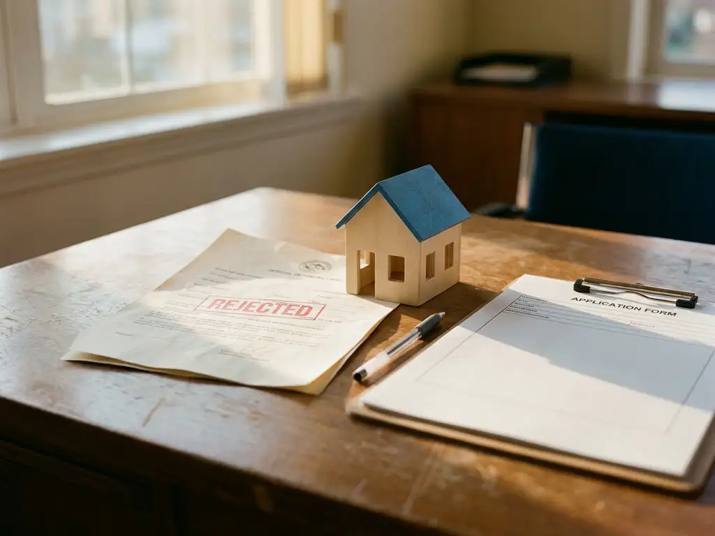 Afgewezen huurcontract op houten bureau naast miniatuurhuis, pen en leeg formulier in warm natuurlijk licht.