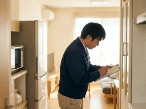 SNF-auditor met klembord inspecteert nette arbeidsmigrantenhuisvesting met moderne keuken en verzorgde leefruimte op de achtergrond.