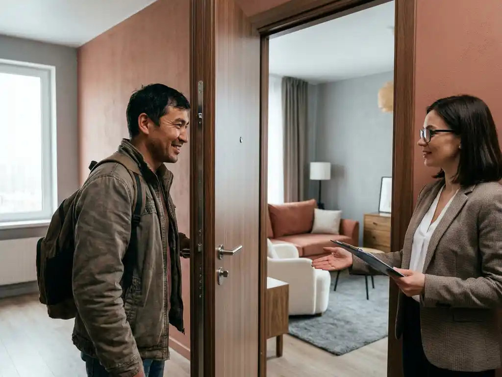 Arbeidsmigrант bij moderne appartementsdeur in gesprek met verhuurder met klembord, gemeubileerd interieur zichtbaar op achtergrond.