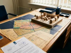 Gemeentelijk bestemmingsplan op bureaubureau met schaalmodel woonblok en gedeeltelijk zichtbaar vergunningsdocument.