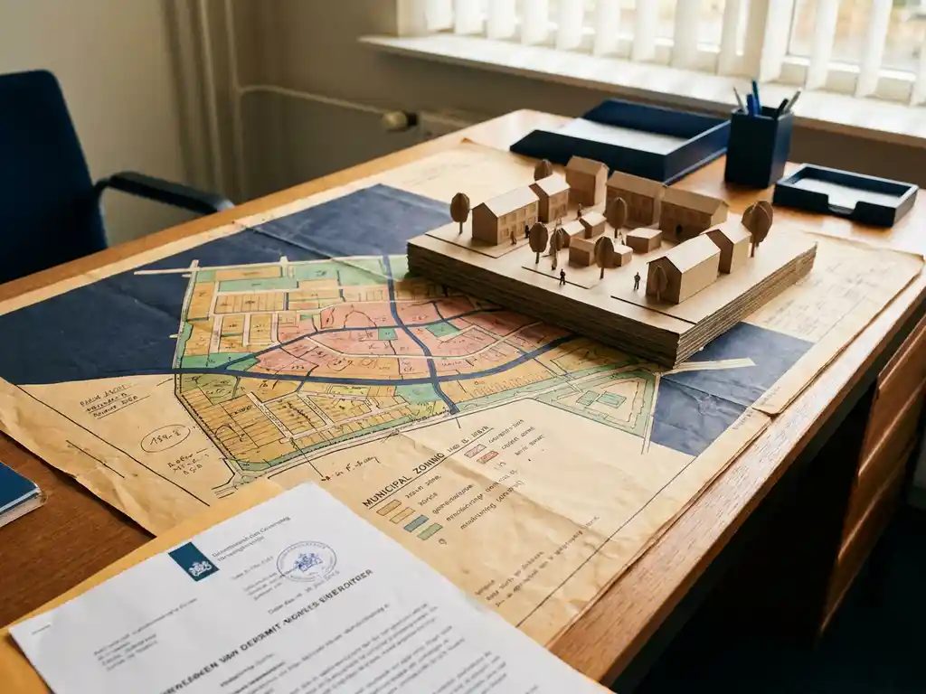 Gemeentelijk bestemmingsplan op bureaubureau met schaalmodel woonblok en gedeeltelijk zichtbaar vergunningsdocument.