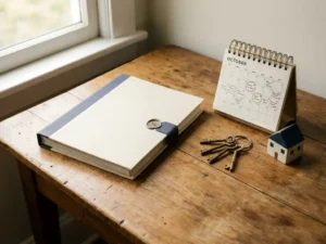 Officieel certificeringsmap op houten bureau naast bureaukalender, sleutels en miniatuur huismodel in warm natuurlijk licht.