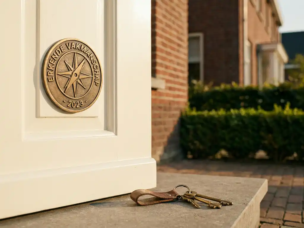 Bronzen certificeringsplaquette op de voordeur van een Nederlandse rijtjeswoning, met huissleutels op de drempel en getrimde hagen op de achtergrond.