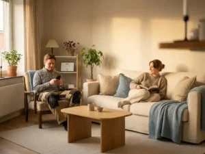Migrantenwerker en huurder delen een lichte, moderne woonkamer met warme beige tinten en zacht middagzonlicht.