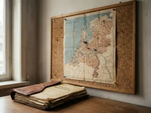 Gemeentekaart van Nederland op verouderd kurkbord met gekleurde markeringen op steden, leren map met huisvestingsregels eronder.