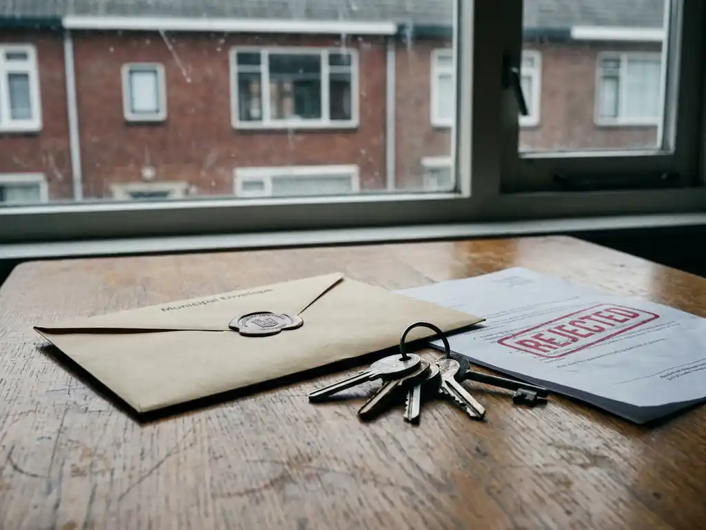 Gemeentelijke envelop met huissleutels en rood REJECTED-stempel op document, Nederlandse rijtjeswoning zichtbaar op de achtergrond.