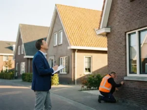 Gemeentelijke inspecteur met klembord bij goed onderhouden woonhuis, collega in veiligheidsvest inspecteert de gevel op zonnige middag.