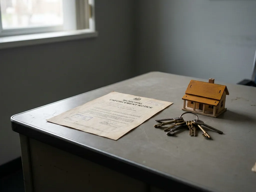 Handhavingsbesluit op gemeentelijk bureau naast officiële sleutels en miniatuur woning, zachte natuurlijke belichting.