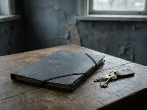 Officiële documentenmap en huissleutels op verweerde houten tafel, gebarsten muur op de achtergrond, sfeer van woningproblematiek.