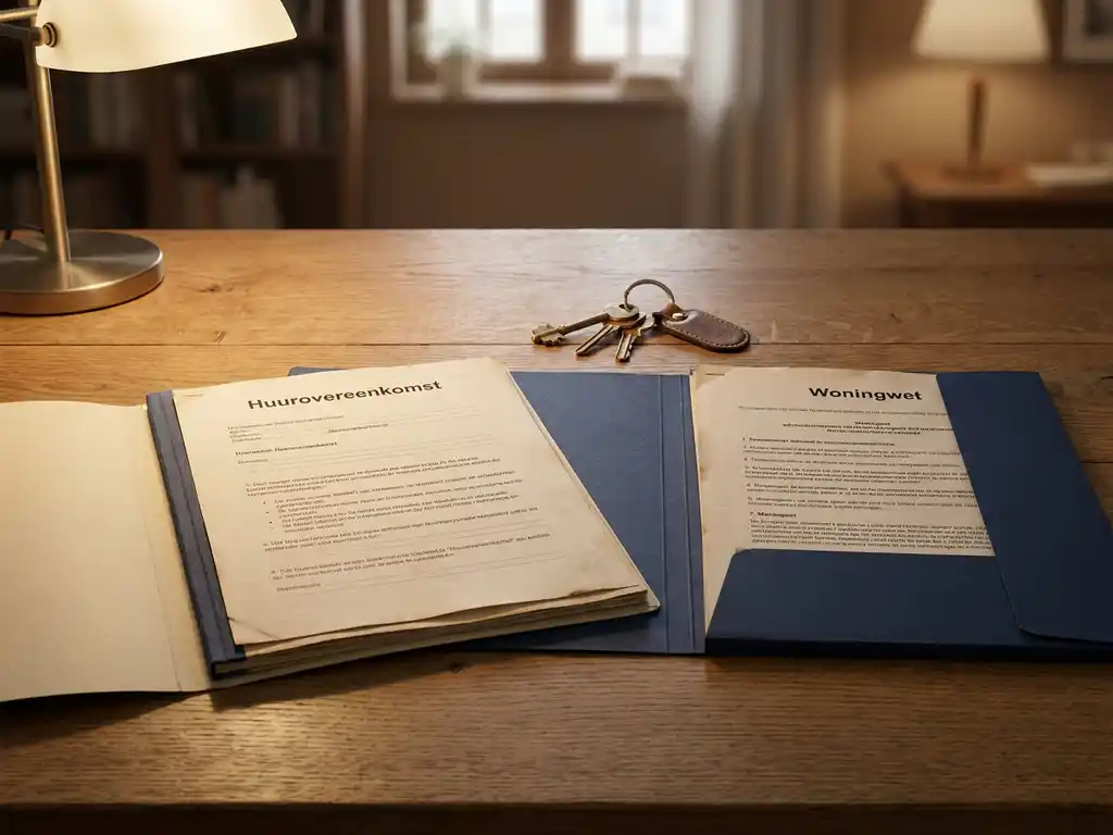 Huurcontract en overheidsregulering voor woningverhuur naast elkaar op een eikenhouten bureau, met huissleutels ertussen.
