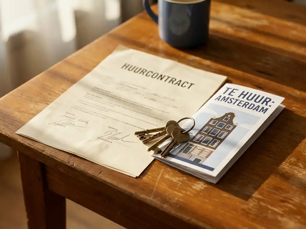 Ondertekend huurcontract op houten bureau naast huissleutels en brochure van Nederlandse woning, warm middaglicht.