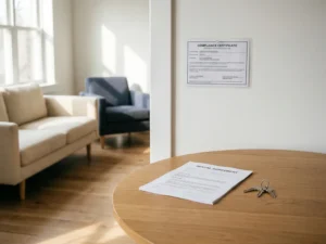 Gelamineerd nalevingscertificaat aan muur van gemeubileerde huurwoning, met huurcontract en sleutels op houten tafel in noordelijk daglicht.