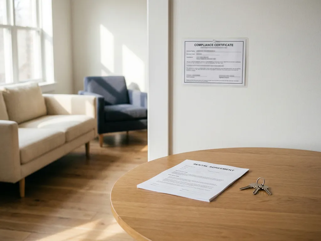 Gelamineerd nalevingscertificaat aan muur van gemeubileerde huurwoning, met huurcontract en sleutels op houten tafel in noordelijk daglicht.