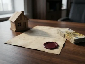 Officieel vastgoeddocument met rood zegel op houten bureau, naast miniatuur huis en eurobiljetten in warm natuurlijk licht.