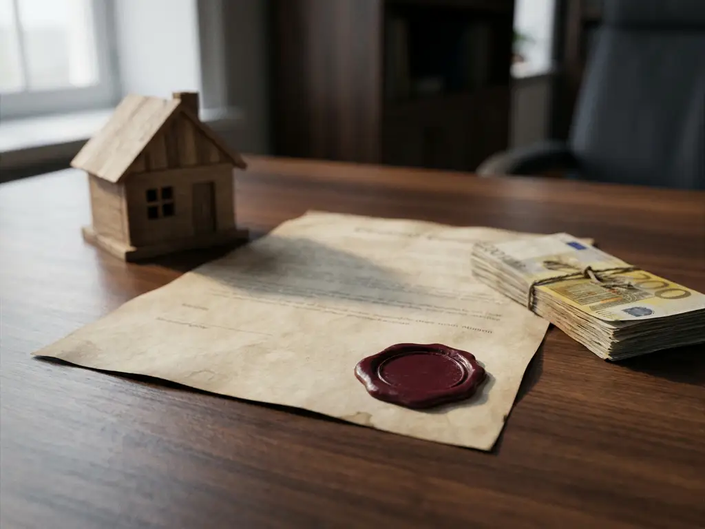 Officieel vastgoeddocument met rood zegel op houten bureau, naast miniatuur huis en eurobiljetten in warm natuurlijk licht.