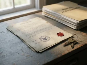 Officieel inschrijvingsdocument met stempel op gemeentebalie naast huissleutels, huurcontracten op de achtergrond.