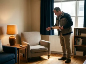 Woninginspecteur met klembord beoordeelt nette, gemeubileerde arbeiderswoninginterieur met warm natuurlijk licht op houten vloer.
