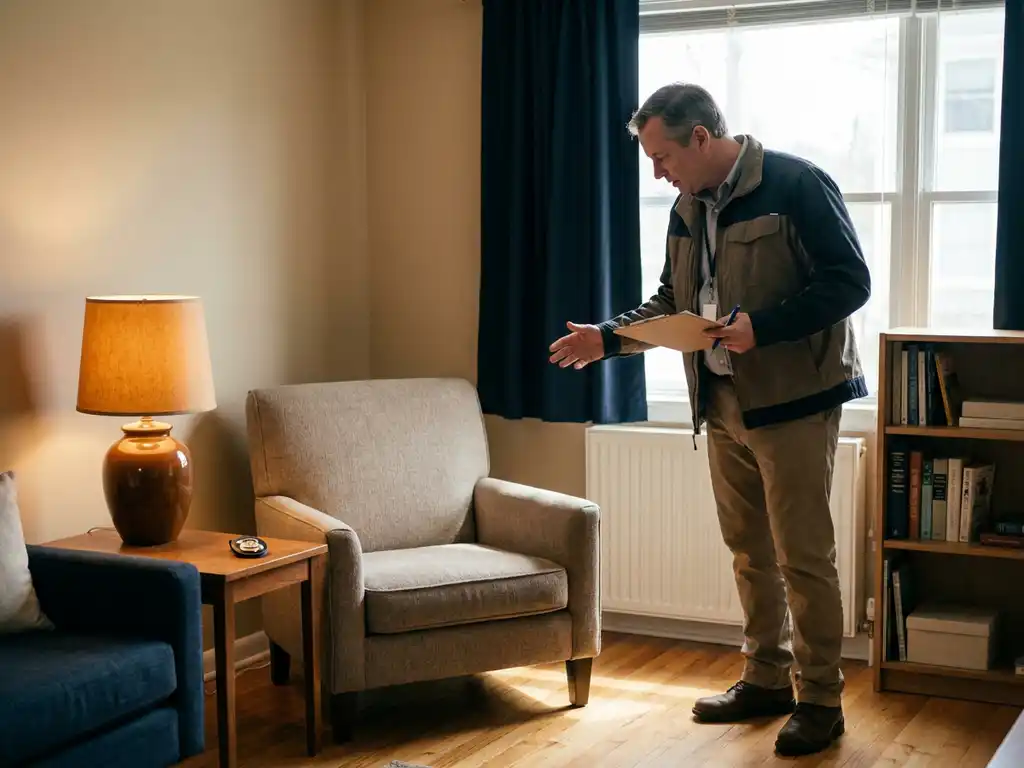 Woninginspecteur met klembord beoordeelt nette, gemeubileerde arbeiderswoninginterieur met warm natuurlijk licht op houten vloer.