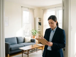 Gemeentelijke inspecteur met klembord in de deuropening van een nette gemeubileerde huurwoning met natuurlijk daglicht.