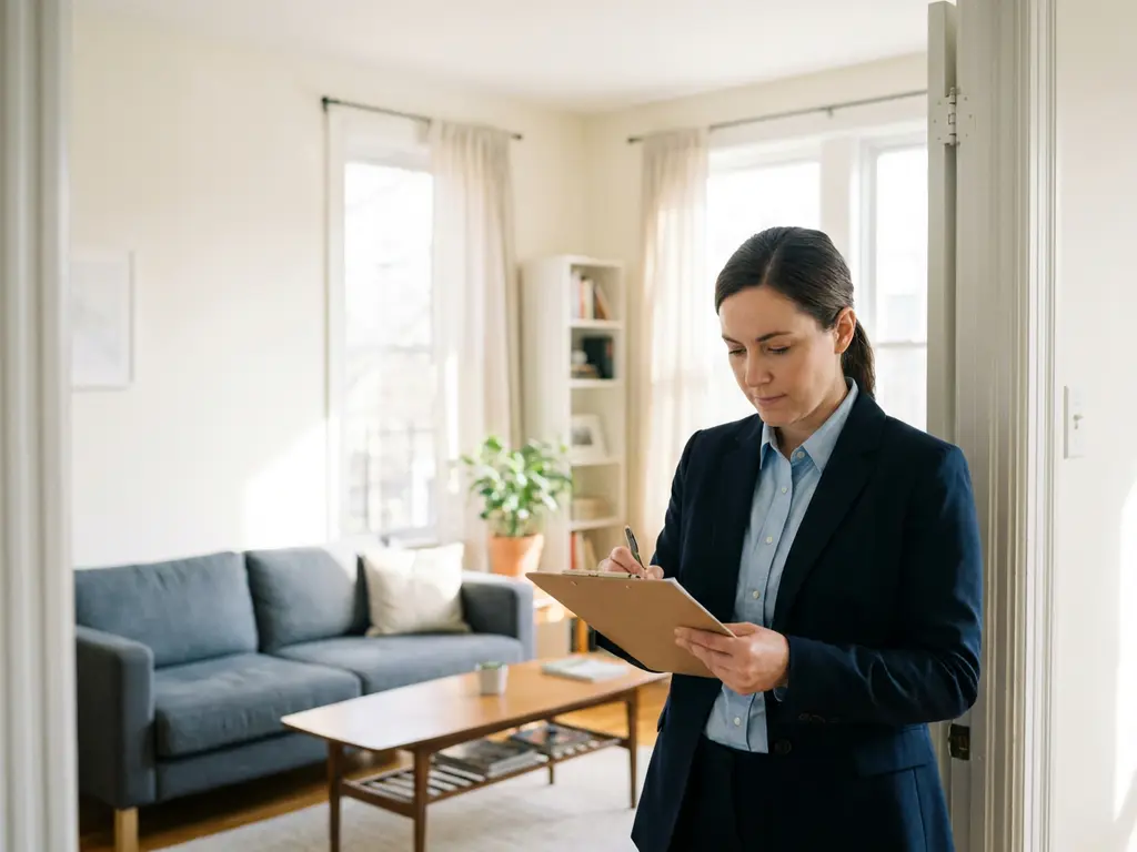 Gemeentelijke inspecteur met klembord in de deuropening van een nette gemeubileerde huurwoning met natuurlijk daglicht.