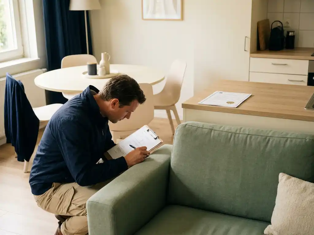 Inspecteur met klembord controleert nette, gemeubileerde arbeidersaccommodatie in Nederland met certificeringsdocument op keukenblad.