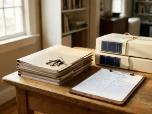 Stapel inspectiedocumenten en certificatiemappen op houten bureau met klembord, checklist en huissleutels in warm binnenhuislicht.