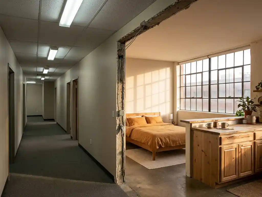 Kantoorgebouw in transformatie naar woonruimte, met corporate gang die overvloeit in een warm ingerichte slaap- en keukenhoek, zachte middaglichttinten.