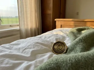 Messing kwaliteitszegel op wit beddengoed in een nette Nederlandse arbeiderswoning met uitzicht op Hollands polderlandschap.