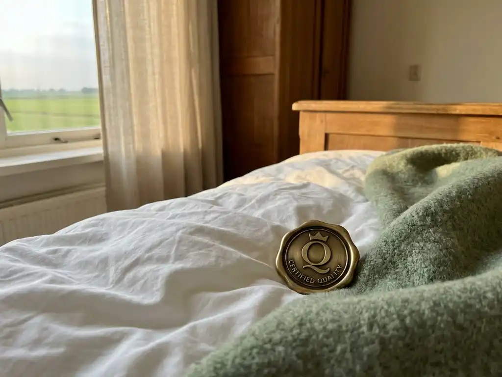 Messing kwaliteitszegel op wit beddengoed in een nette Nederlandse arbeiderswoning met uitzicht op Hollands polderlandschap.