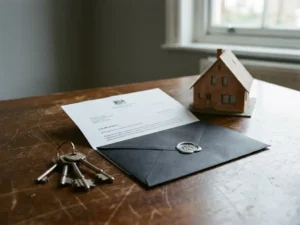 Officiële aanmaning op verouderd houten tafelblad naast huissleutels en miniatuur woongebouw, zachte daglichtschaduwen.