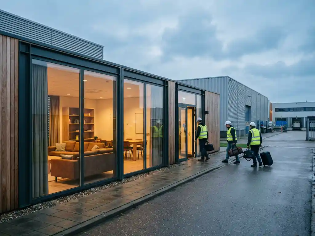Moderne personeelsaccommodatie op bedrijventerrein met bouwvakkers bij ingang, verlicht interieur zichtbaar door grote ramen, loodsen op achtergrond.