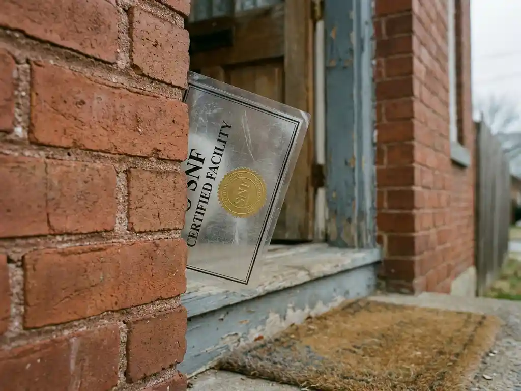 SNF-certificaatplaquette op bakstenen muur van huurwoning, licht scheefgehangen met loslaten hoek, vervaagde deurmat en afbladderende verf op achtergrond.