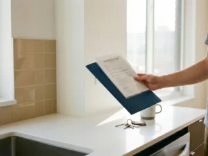 SNF-certificeringsdocument gehouden in een lichte, verzorgde huurwoning met sleutels op het keukenblad en middagzon door het raam.