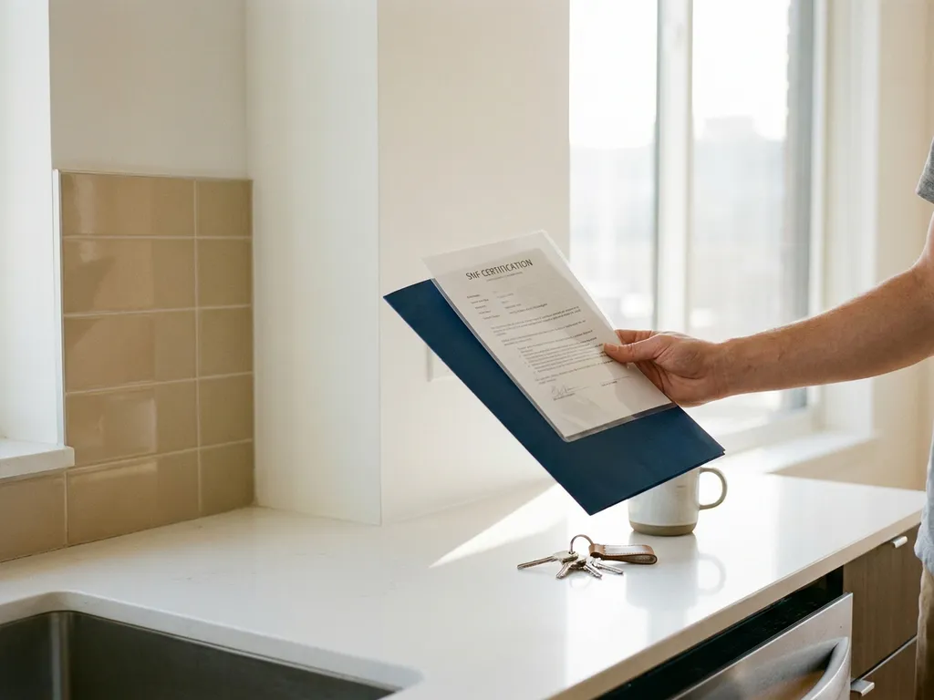 SNF-certificeringsdocument gehouden in een lichte, verzorgde huurwoning met sleutels op het keukenblad en middagzon door het raam.
