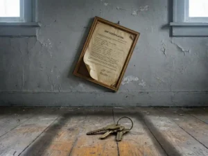 Scheefhangende SNF-certificering aan kale muur met losgeraakte hoek, huissleutels verlaten op versleten houten vloer eronder.