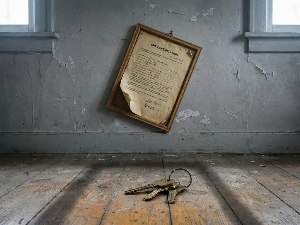 Scheefhangende SNF-certificering aan kale muur met losgeraakte hoek, huissleutels verlaten op versleten houten vloer eronder.