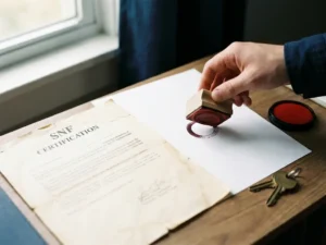 Vernieuwd SNF-certificeringsdocument met rood officieel stempel, huissleutels en inktkussen op houten bureau in zacht natuurlijk licht.