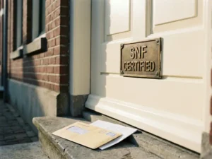 Bronzen SNF-certificeringsplaquette op de voordeur van een Nederlands rijtjeshuis, met gemeentelijke envelop op de drempel in middaglicht.